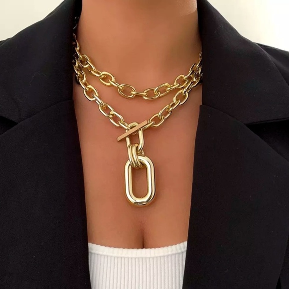 Zara Set Gold Double Interlock Oval Circle Link Chain Necklace NEW - Picture 5 of 16